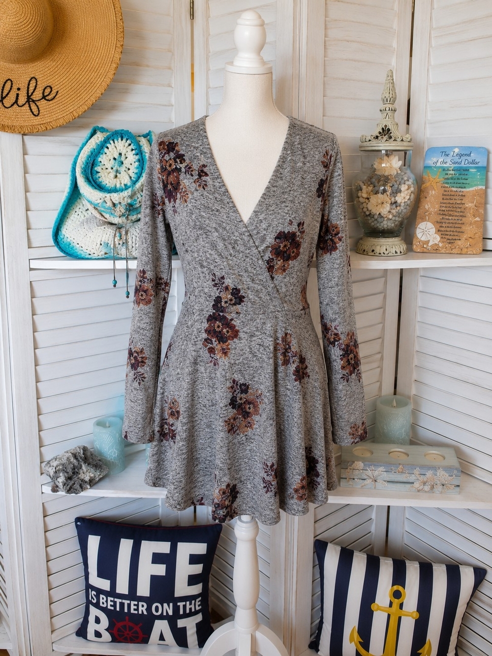 Floral Wrap Skater Dress - Grey with Brown Floral